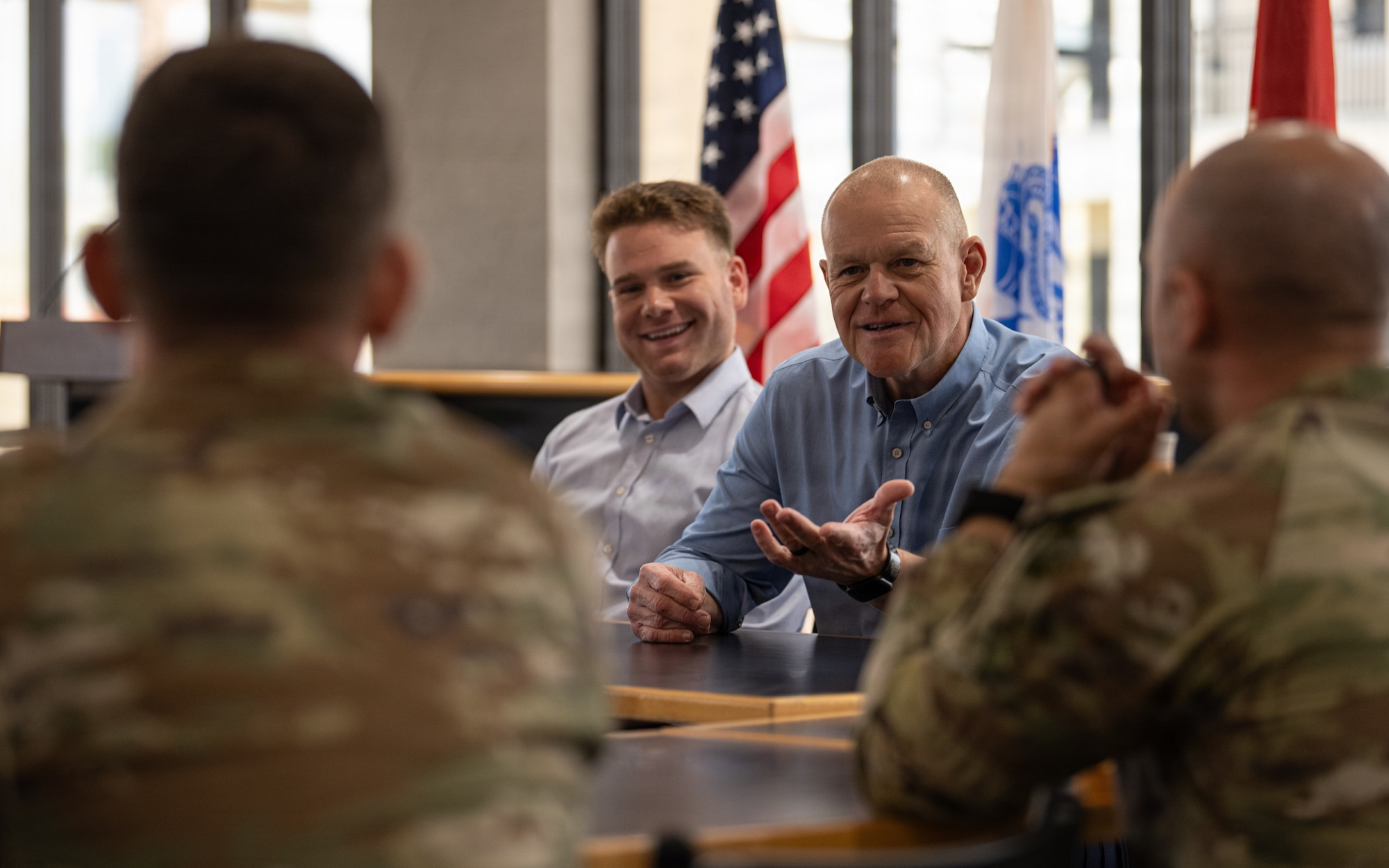 Retired Chief Master Sgt. of the Air Force James A. Roy speaks with Airmen during a Q&A at MacDill Air Force Base, Florida, Mar. 13, 2026. Roy spoke with Airmen across the enlisted force about caring for their people and holding them to a consistent standard before attending the MacDill Chief Induction Ceremony. (U.S. Air Force photo by Airman 1st Class Helen Ly)