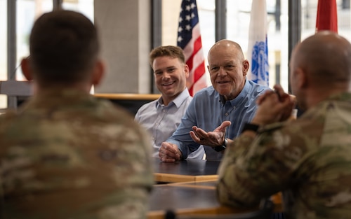 Retired Chief Master Sgt. of the Air Force James A. Roy speaks with Airmen during a Q&A at MacDill Air Force Base, Florida, Mar. 13, 2026. Roy spoke with Airmen across the enlisted force about caring for their people and holding them to a consistent standard before attending the MacDill Chief Induction Ceremony. (U.S. Air Force photo by Airman 1st Class Helen Ly)