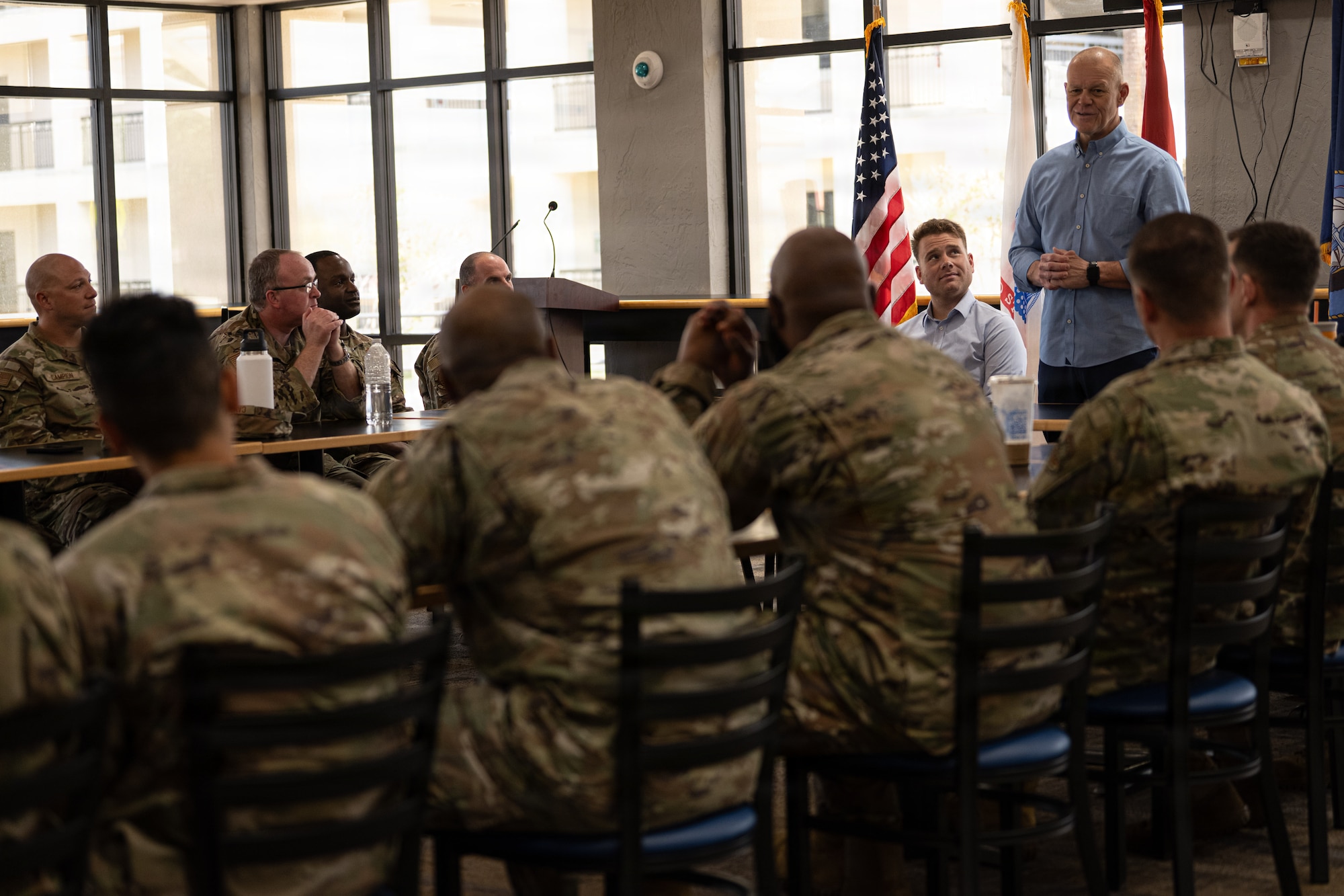 Retired Chief Master Sgt. of the Air Force James A. Roy speaks with Airmen during a Q&A at MacDill Air Force Base, Florida, March 13, 2026. Roy spoke with Airmen across the enlisted force about caring for their people and holding them to a consistent standard before attending the MacDill Chief Induction Ceremony. (U.S. Air Force photo by Airman 1st Class Helen Ly)