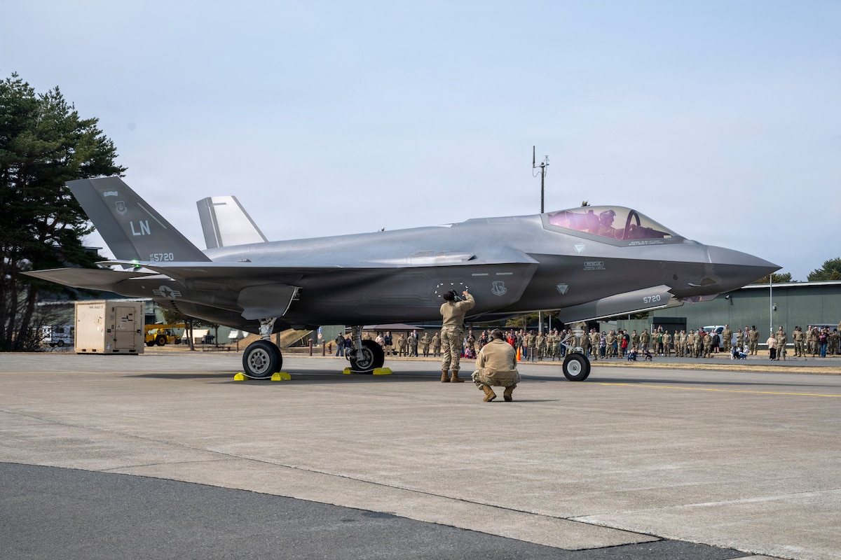 A U.S. Air Force F-35A Lightning II assigned to the 13th Fighter Squadron receives a post flight check during the F-35 first aircraft arrival at Misawa Air Base, Japan, March 28, 2026.