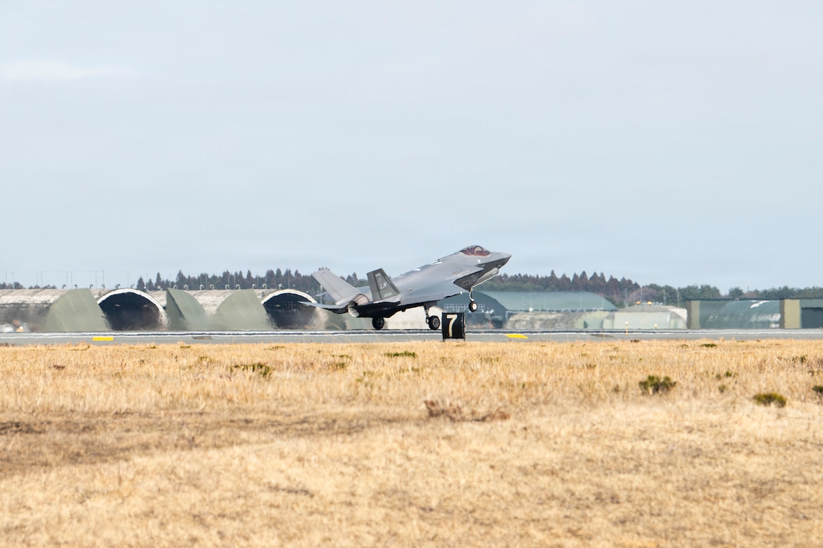 A U.S. Air Force F-35A Lightning II lands during a first aircraft arrival at Misawa Air Base, Japan, March 28, 2026.