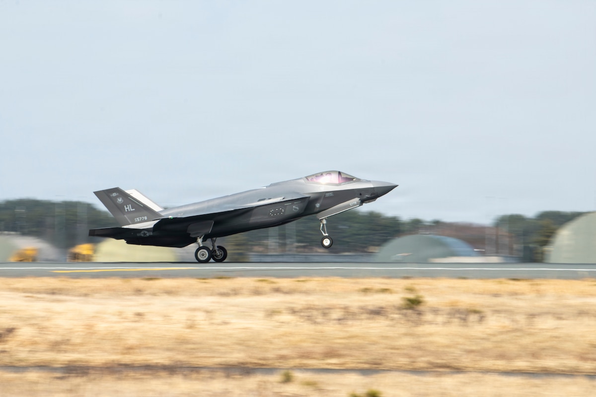 A U.S. Air Force F-35A Lightning II lands during a first aircraft arrival at Misawa Air Base, Japan, March 28, 2026.