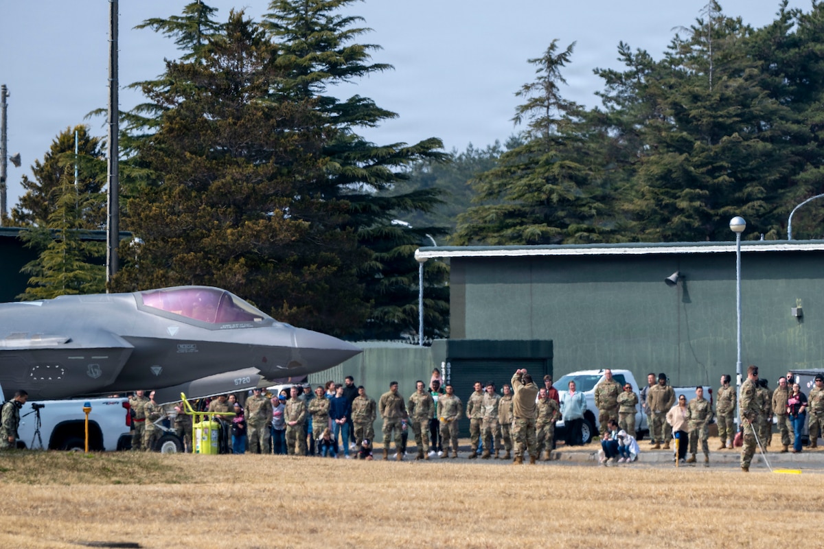 A U.S. Air Force F-35A Lightning II sits parked in front of spectators during the F-35 first aircraft arrival  at Misawa Air Base, Japan, March 28, 2026.