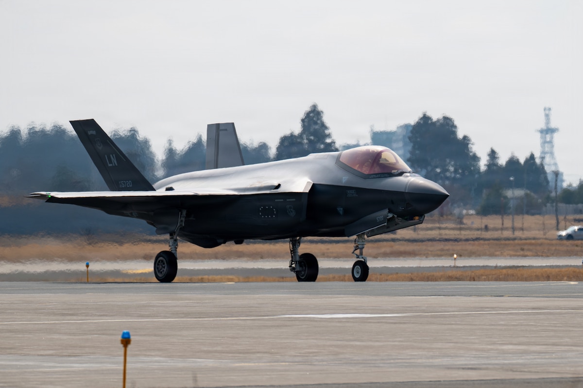 U.S. Air Force Lt. Col. John Widmer, 13th Fighter Squadron commander, taxis an F-35A Lightning II during the F-35 first aircraft arrival at Misawa Air Base, Japan, March 28, 2026.