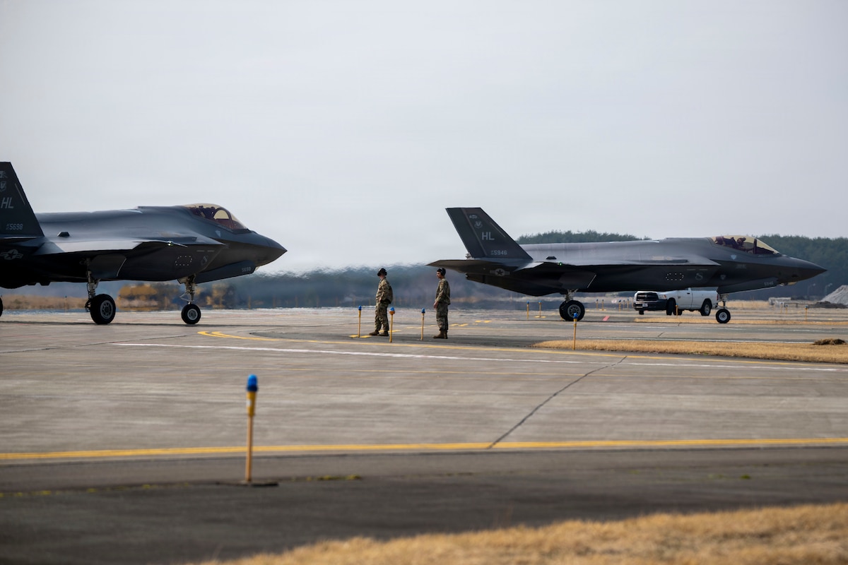 Two U.S. Air Force F-35A Lightning II aircraft taxi on the flightline during the F-35 first aircraft arrival  at Misawa Air Base, Japan, March 28, 2026.
