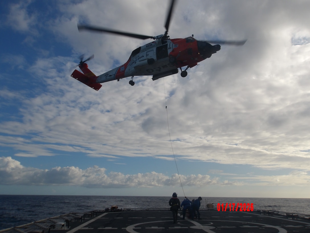 The Legend-class USCGC Stratton (WMSL 752) crew conducts a Vertical Replenishment (VERTREP) with an MH-60 aircrew from Air Station Borinquen while patrolling the Caribbean, Jan. 17, 2026. The MH-60 delivered supplies to the Stratton to support other assets working in the region. U.S. Coast Guard courtesy photo.
