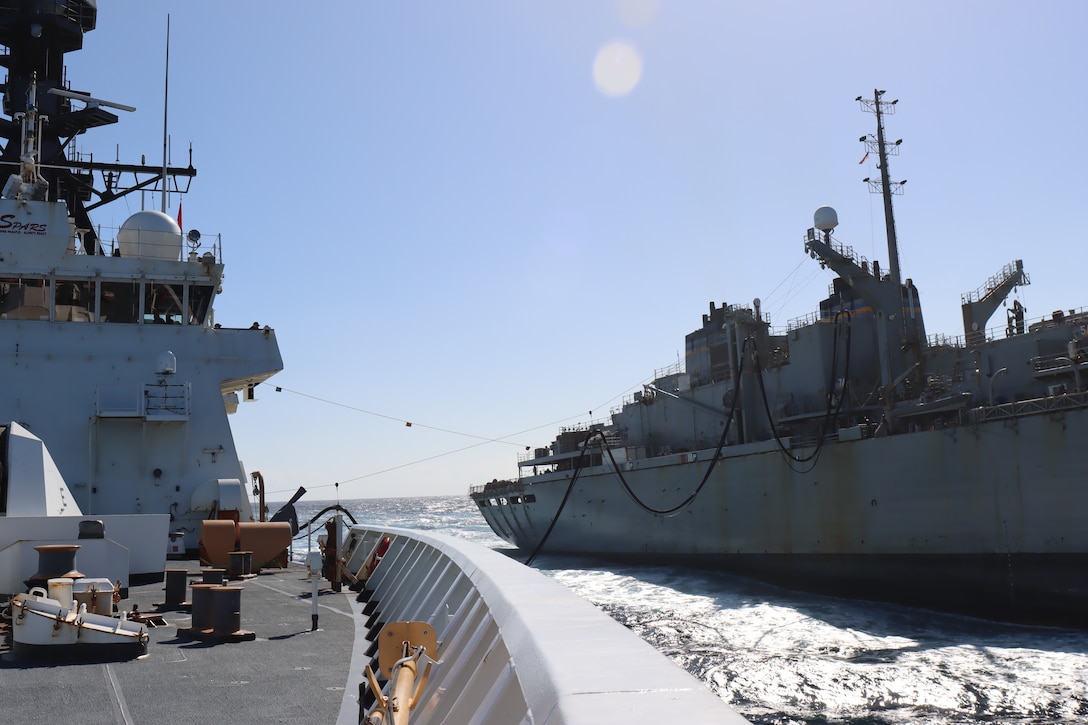 The Legend-class USCGC Stratton (WMSL 752) crew conducts a Fueling at Sea (FAS) evolution with the USNS Supply (T-AOE 6) in the Caribbean, Feb. 5, 2026. Additionally, the crew conducted helicopter vertical replenishments with Coast Guard Air Station Borinquen crews to resupply the cutter while deployed in the Caribbean. U.S. Coast Guard courtesy photo.