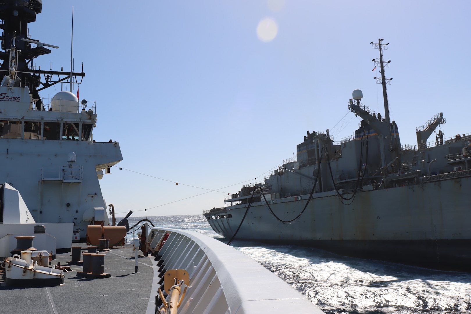 The Legend-class USCGC Stratton (WMSL 752) crew conducts a Fueling at Sea (FAS) evolution with the USNS Supply (T-AOE 6) in the Caribbean, Feb. 5, 2026. Additionally, the crew conducted helicopter vertical replenishments with Coast Guard Air Station Borinquen crews to resupply the cutter while deployed in the Caribbean. U.S. Coast Guard courtesy photo.