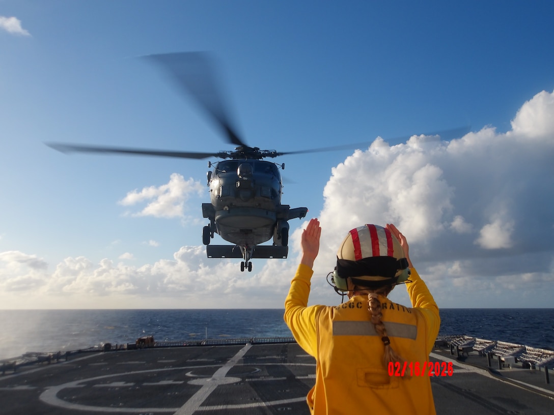 The Legend-class USCGC Stratton (WMSL 752) crew conducts helicopter deck landing operations with an MH-60 aircrew from the USS Lake Erie (CG 70) while patrolling the Caribbean, Feb. 16, 2026. Additionally, the crew conducted flight operations with Coast Guard Air Station Ventura, displaying Stratton’s interoperability across different agencies and platforms. U.S. Coast Guard courtesy photo.