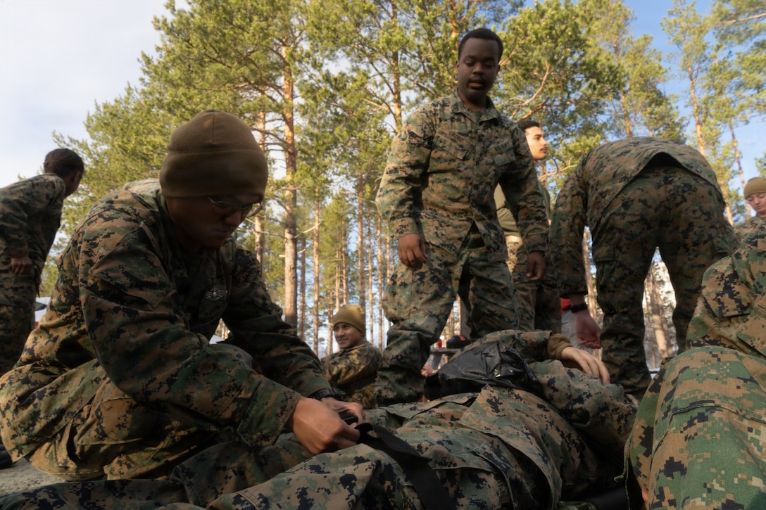 U.S. Navy hospital corpsmen with 2nd Battalion, 6th Marine Regiment, 2nd Marine Division, prepare to lift simulated casualty in Setermoen, Norway, March 15, 2026. The simulated mass-casualty and en route care training tested a variety of new technologies during exercise Cold Response 26, such as the Mobile Integrated Remains Collection System, the Mortuary Affairs Reporting and Tracking System, the Operational Medicine Care Delivery Platform, the Battlefield Assisted Trauma Distributed Observation Kit-Joint, and the Expeditionary Medical Refrigeration Unit. A key component of NATO's enhanced vigilance activity Arctic Sentry, exercise Cold Response 26 is a Norwegian-led winter military exercise designed to enhance collective defense capabilities and ensure U.S. readiness to rapidly deploy and seamlessly operate alongside NATO Allies in challenging arctic conditions. (U.S. Marine Corps photo by Lance Cpl. Javier Santillan)