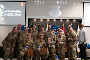 U.S. Air Force Senior Master Sgt. selects assigned to the 17th Training Wing pose for a group photo.