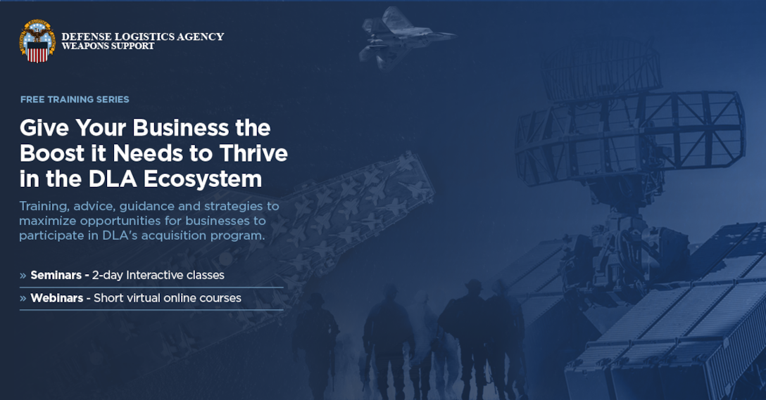 Graphic advertising TKO webinars and seminars. Has a blue background with military objects and personnel depicted with information on the trainings in white letters.