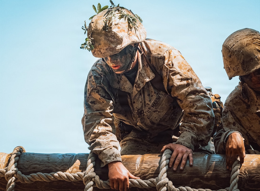 U.S. Marine Corps Rct. Cullen Cook, a recruit with Bravo Company, 1st Recruit Training Battalion, Recruit Training Regiment, conducts the endurance course on Marine Corps Recruit Depot Parris Island, S.C.