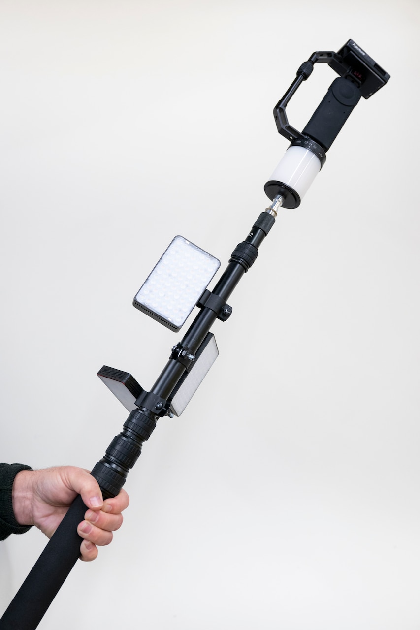 An Insertable Stalk Inspection System (ISIS360) is held for demonstration at the U.S. Naval Research Laboratory (NRL) in Washington, D.C., March 3, 2026. NRL developed the ISIS360 to improve the safety, speed, and accuracy of shipboard tank inspections within the Navy. (U.S. Navy photo by Sarah Peterson) RELEASED