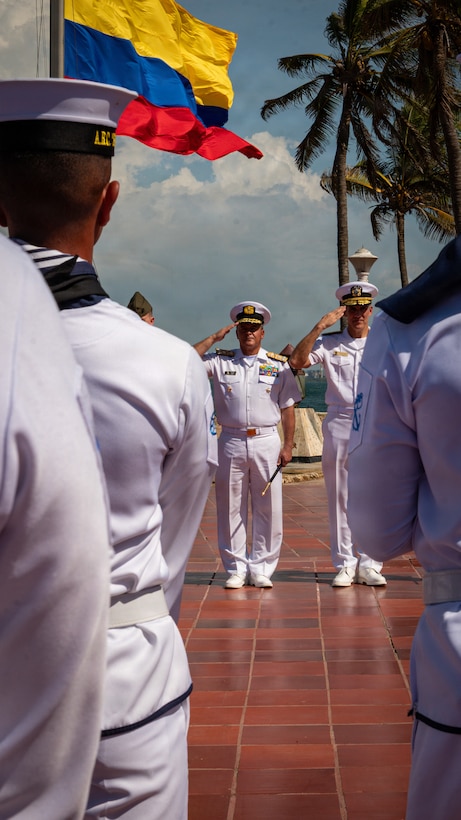 Rear Adm. Carlos Sardiello, commander of U.S. Naval Forces Southern Command/U.S. 4th Fleet, participates in an opening ceremony March 24, 2026 in Cartagena, Colombia. Sardiello, led the U.S. delegation for the annual Maritime Staff Talks, reaffirming the enduring partnership between the two nations and outlining a path for future collaboration in the maritime domain. U.S. Naval Forces Southern Command/U.S. 4th Fleet serves as a trusted maritime partner for Caribbean, Central, and South American maritime forces, working to promote unity, security, and stability throughout the region.