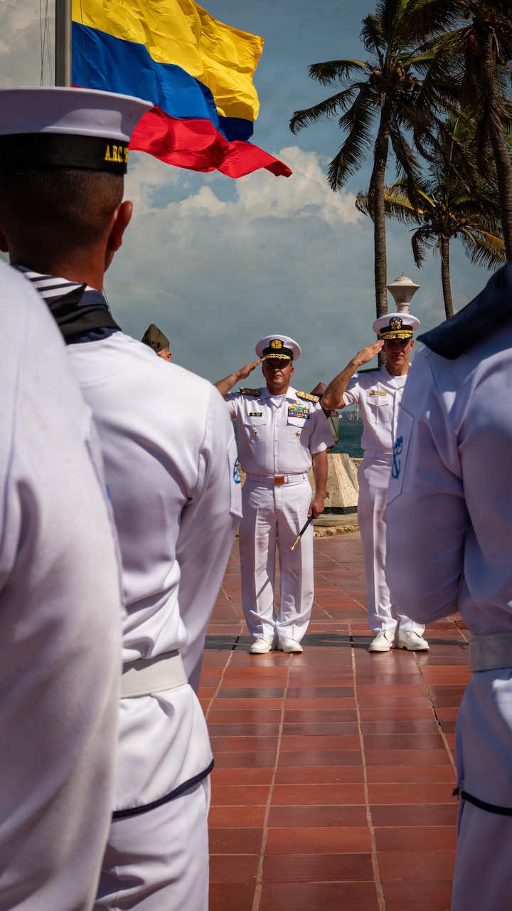 Rear Adm. Carlos Sardiello, commander of U.S. Naval Forces Southern Command/U.S. 4th Fleet, participates in an opening ceremony March 24, 2026 in Cartagena, Colombia. Sardiello, led the U.S. delegation for the annual Maritime Staff Talks, reaffirming the enduring partnership between the two nations and outlining a path for future collaboration in the maritime domain. U.S. Naval Forces Southern Command/U.S. 4th Fleet serves as a trusted maritime partner for Caribbean, Central, and South American maritime forces, working to promote unity, security, and stability throughout the region.