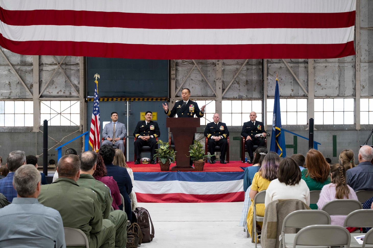 Capt. Randy Cruz, U.S. Naval Research Laboratory (NRL) commanding officer, presides over NRL’s Scientific Development Squadron ONE (VXS) 1 change of command ceremony at Naval Air Station Patuxent River in Patuxent River, Md. March 27, 2026. (U.S. Navy photo by Sarah Peterson)