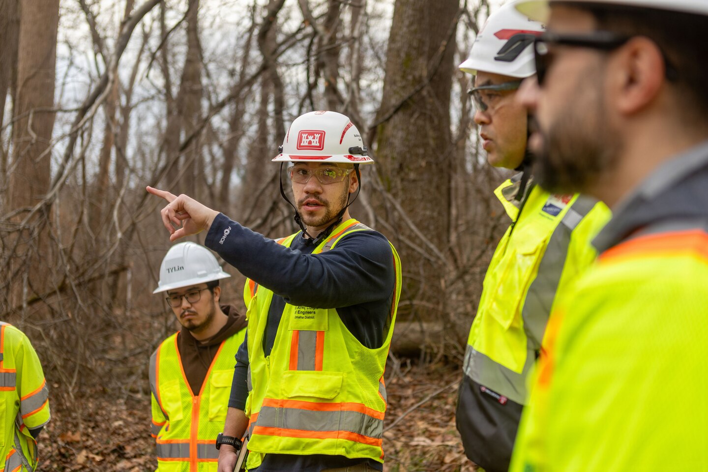 U.S. Army Corps of Engineers Stephen Kitt, Omaha District Rapid Response Technical Center of Expertise, discusses remediation efforts in Area 2 with interagency partners at the Potomac Interceptor collapse site in Washington, D.C., Mar. 8, 2026.