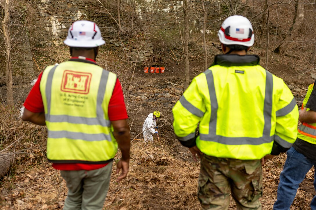 U.S. Army Corps of Engineers crews continue remediation work south of the Rock Run culvert near the Potomac Interceptor collapse site in Washington, D.C., on Mar. 11, 2026.