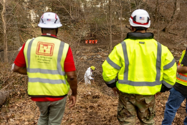 U.S. Army Corps of Engineers crews continue remediation work south of the Rock Run culvert near the Potomac Interceptor collapse site in Washington, D.C., on Mar. 11, 2026.
