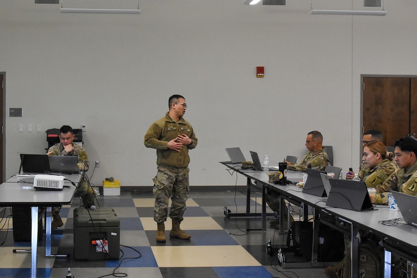 Chief Warrant Officer Pin Yao Chen, assigned to the 85th U.S. Army Reserve Support Command G4, gives remarks during a presentation to Soldiers at the 85th USARSC G4 training workshop held at Joint Base McGuire, Dix, Lakehurst, New Jersey, March 23-27, 2026.