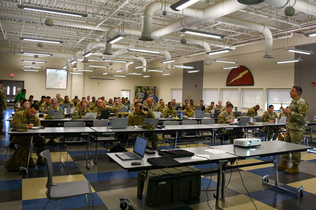 Col. Adim Yousif, Chief of Staff, 85th U.S. Army Reserve Support Command, speaks to Soldiers during the 85th USARSC G4 training workshop held at Joint Base McGuire, Dix, Lakehurst, New Jersey, March 23-27, 2026.