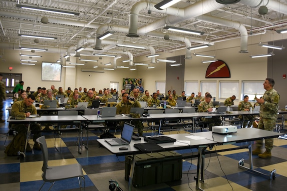 Col. Adim Yousif, Chief of Staff, 85th U.S. Army Reserve Support Command, speaks to Soldiers during the 85th USARSC G4 training workshop held at Joint Base McGuire, Dix, Lakehurst, New Jersey, March 23-27, 2026.
