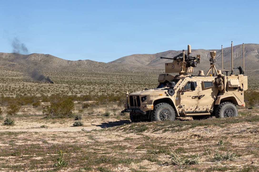 A U.S. Marine Air Defense Integrated System assigned to 3rd Littoral Anti-Air Battalion, 3rd Marine Littoral Regiment, 3rd Marine Division destroys a target during a live-fire execution at National Training Center, Fort Irwin, California, March 2, 2026.