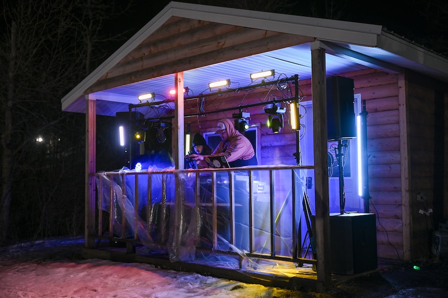 DJs play music at the top of the slopes at Bottineau Winter Park, North Dakota, March. 7, 2026. Bottineau Winter Park operates as a nonprofit, focused on strengthening the community through outdoor recreation. (U.S. Air Force photo by Airman Joseline Chacon Monterroso)