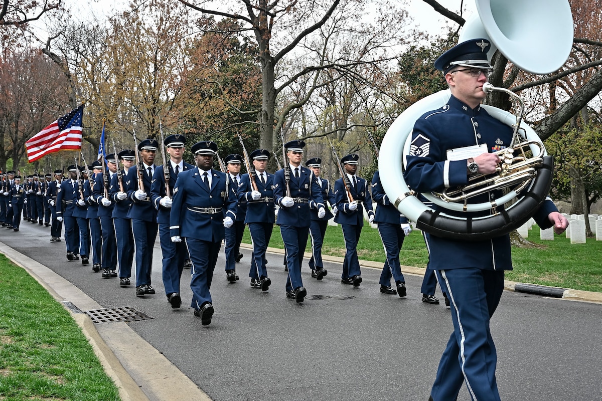 Air Force Band and honor guard members march