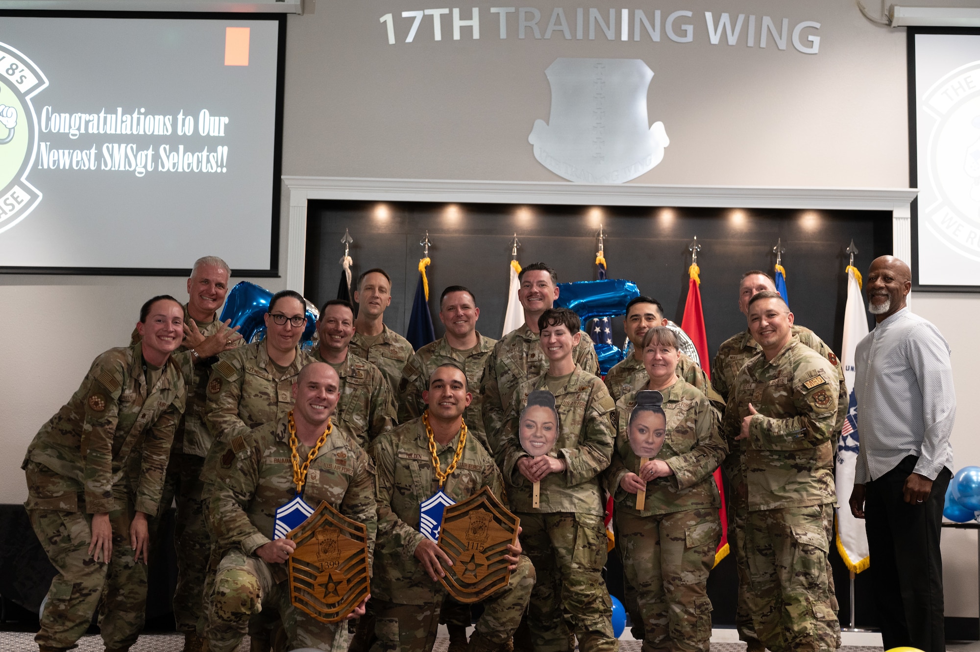 U.S. Air Force Senior Master Sgt. selects assigned to the 17th Training Wing pose for a group photo.