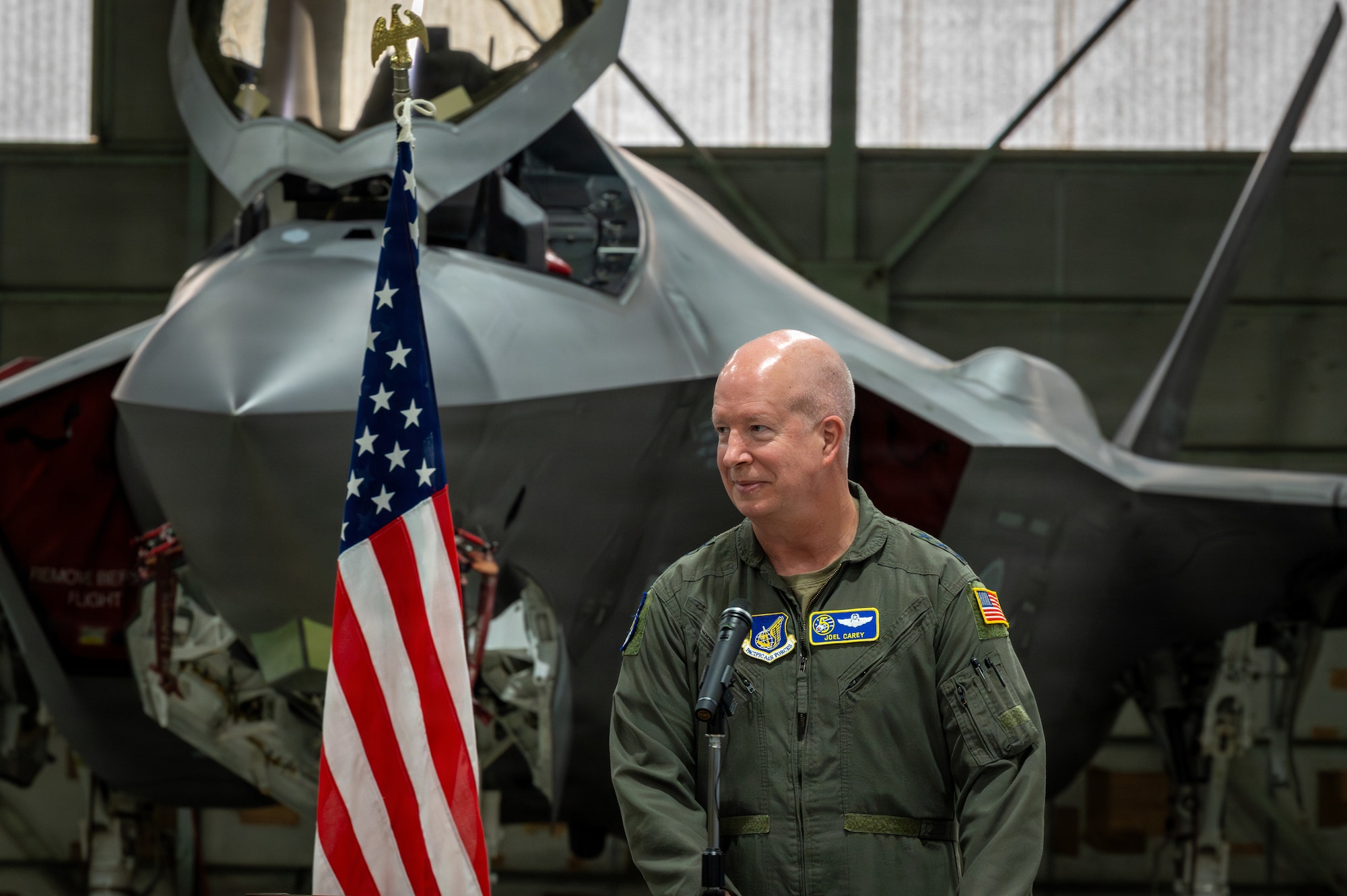 U.S. Air Force Lt. Gen. Joel Carey, Fifth Air Force commander, addresses the media during the Exercise Kazaguruma Guardian 26 (KG26) press conference at Misawa Air Base, Japan, March 27, 2026.