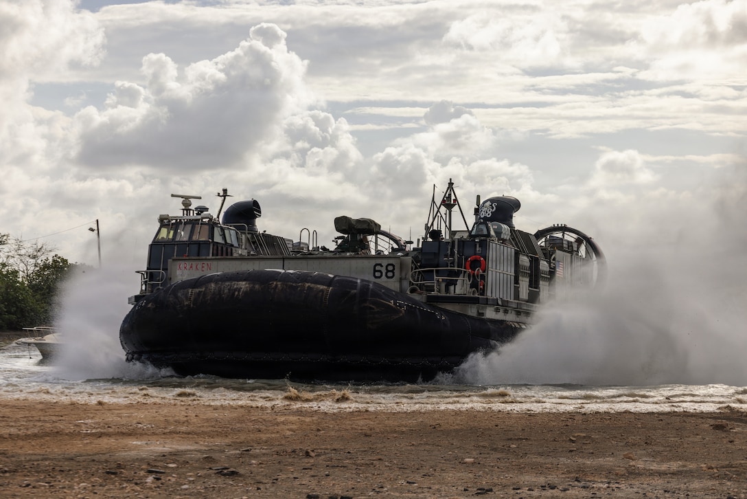 A U.S. Navy landing craft, air cushion transports U.S. Marines and equipment with Battalion Landing Team 3/6, 22nd Marine Expeditionary Unit (Special Operations Capable), ashore in Ponce, Puerto Rico, March 25, 2025. U.S. military forces are deployed to the Caribbean in support of the U.S. Southern Command mission, Department of War-directed operations, and the president’s priorities to disrupt illicit drug trafficking and protect the homeland. (U.S. Marine Corps photo)