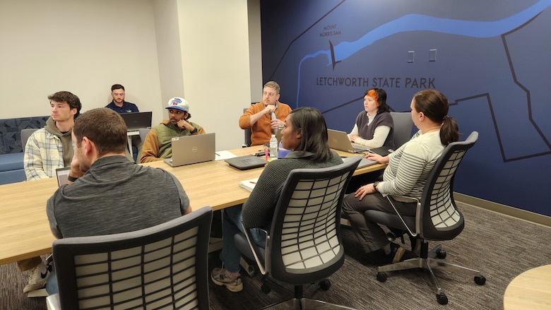 U.S. Army civilian Emma Crooks, a project engineer assigned to the U.S. Army Corps of Engineers, Buffalo District, leads a project team meeting focused on value engineering in Buffalo, New York, Dec. 17, 2025.