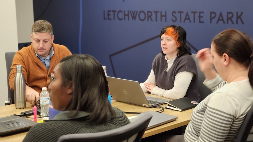 U.S. Army civilian Emma Crooks, a project engineer assigned to the U.S. Army Corps of Engineers, Buffalo District, leads a project team meeting focused on value engineering in Buffalo, New York, Dec. 17, 2025.