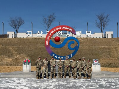 U.S. Army Soldiers from the 17th Sustainment Brigade, Nevada National Guard, pose for a photo at the Republic of Korea Army Ground Operations Command, South Korea, March 19, 2026.