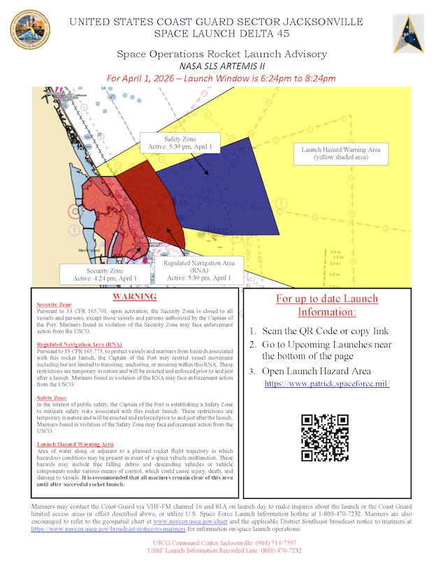 Coast Guard crews are scheduled to apply and enforce limited access areas for NASA’s Artemis II launch at the Kennedy Space Center in Cape Canaveral, Florida, April 1, 2026.