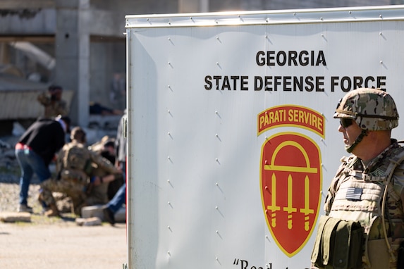 Georgia State Defense Force members assist in victim recovery during Patriot 25 at the Guardian Centers in Perry, Georgia, March 26, 2025. Approximately 700 participants from the National Guard as well as federal, state, and local agencies are taking part in Patriot 25, a National Guard-sponsored exercise designed to enhance domestic response readiness and interagency coordination. (U.S. Air National Guard photo by Master Sgt. Jeff Rice)