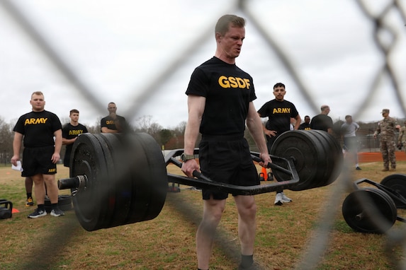 Georgia State Defense Force Pfc. Patrick Railey representing the Georgia State Defense Force, performs the deadlift event of the Army Fitness Test during the 2026 Georgia Army National Guard State Best Warrior Competition at the Central Park, Cumming, Georgia, Mar. 8, 2026. The competition demonstrates the readiness and lethality of the Georgia DoD and country of Georgia Defence Force soldiers by testing the competitors with physical fitness assessments, written exams, and other warrior tasks and battle drills. (U.S. Army National Guard photo by Spc. Fernanda Olivas)
