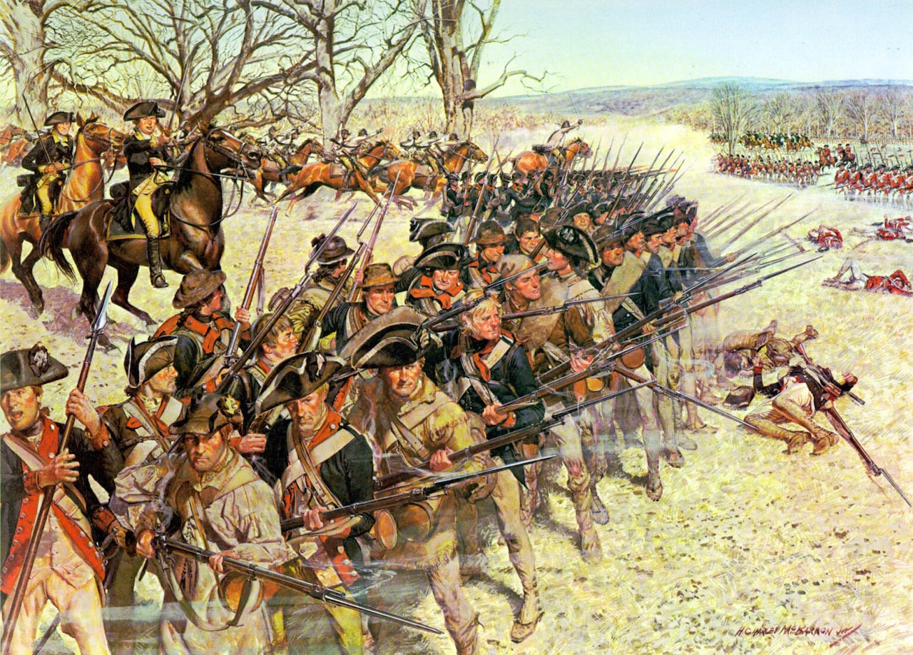 Men in a variety of Revolutionary War-era military uniforms wield muskets with the bayonets attached as other people in similar attire ride into battle on horses with dead or wounded people lying on the ground.