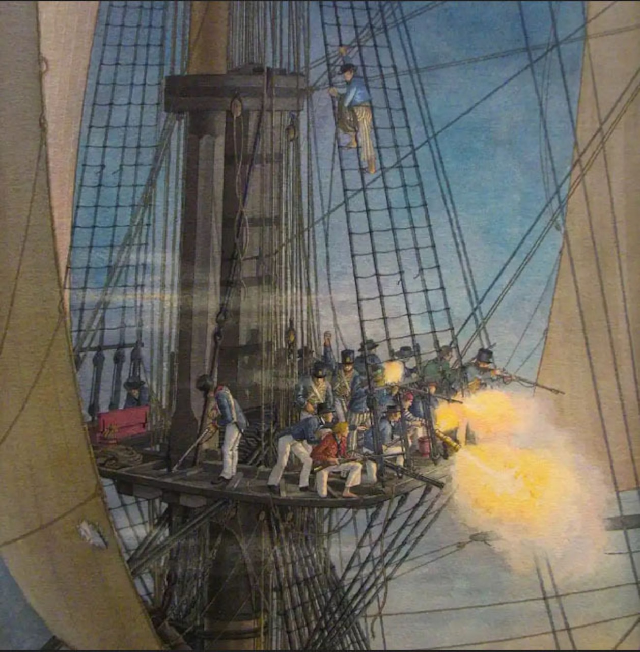 People in Revolutionary War-era military uniforms fire long guns from a platform at another ship.