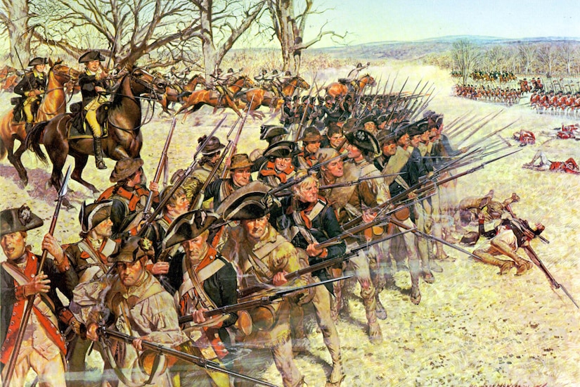Men in a variety of Revolutionary War-era military uniforms wield muskets with the bayonets attached as other people in similar attire ride into battle on horses with dead or wounded people lying on the ground.