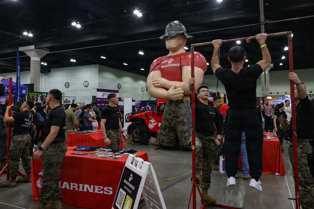 U.S. Marines with Recruiting Station Los Angeles connect with expo attendees during the Los Angeles Fitness Expo at the Los Angeles Convention Center in Los Angeles, California, Jan. 10, 2026. The Los Angeles Fitness Expo brings together a diverse range of fitness brands, competitions, and demonstrations to inspire and guide individuals on their fitness journeys. (U.S. Marine Corps photo by Cpl. Aimee Jordan)