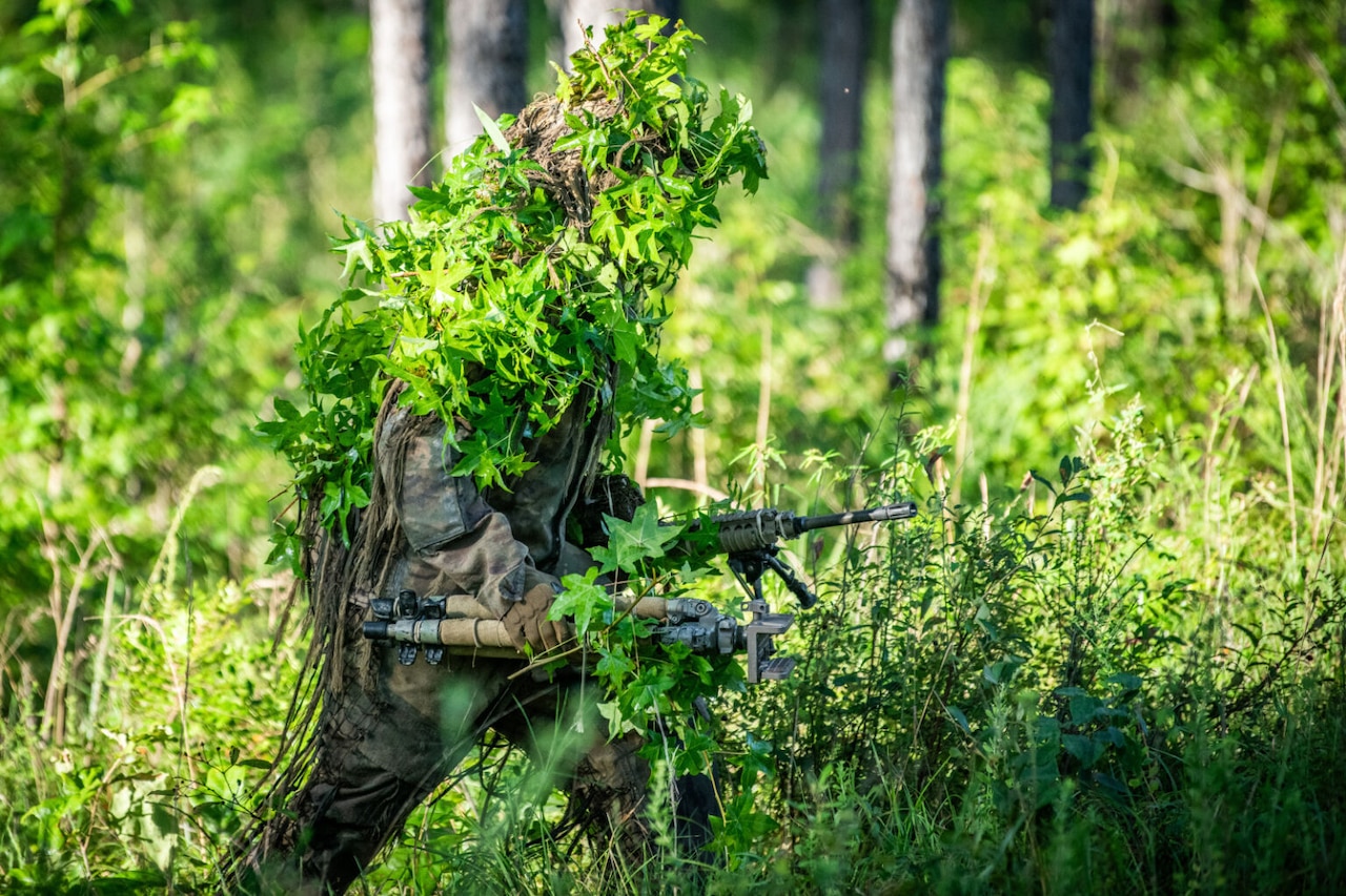A person is covered in leaves while wearing a camouflage military uniform to avoid detection in a wooded area.