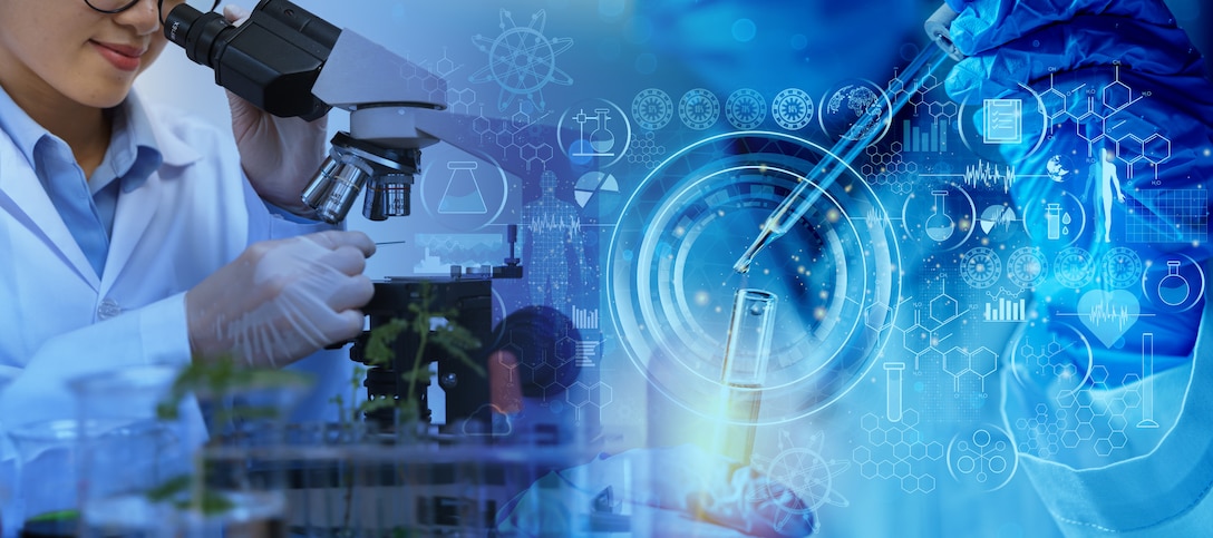 Research and developement concept background of scientist or reseacher using microscope in biotechnology laboratory overlay with DNA strand and molecules symbol, concept of DNA engineering.