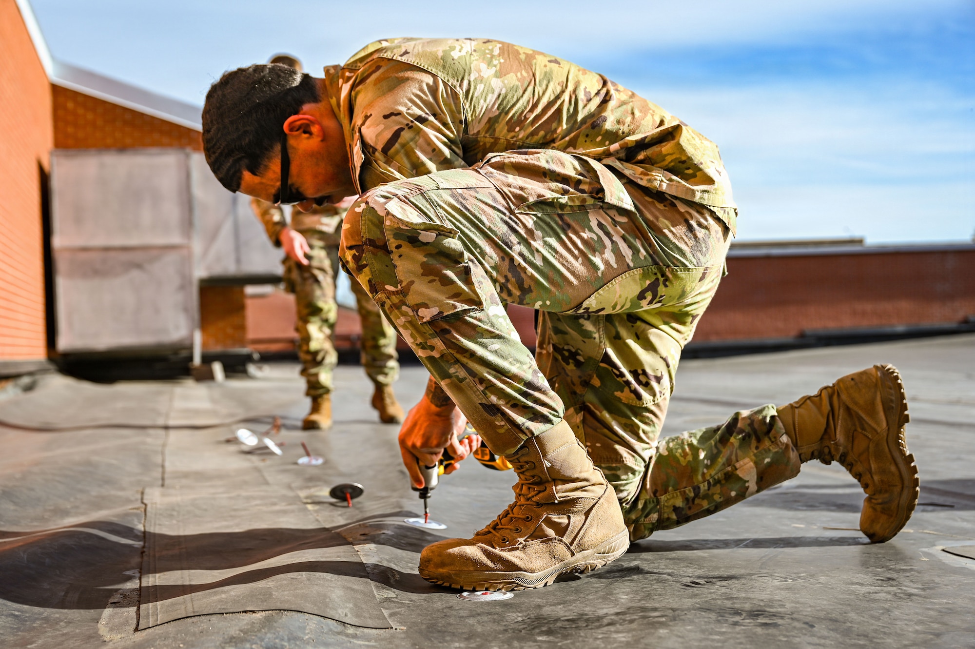The 90 CES and other squadrons across the base quickly responded to effectively repair damage occurring on March 12, 2026, when winds reaching 92 MPH left severe damage to structures and landscaping. (U.S. Air Force photo by Senior Airman Mattison Cole)