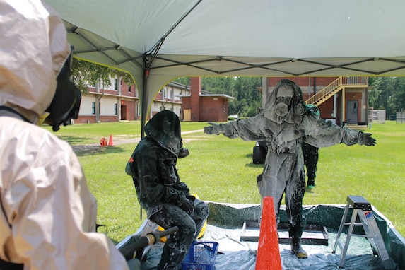 The sample collection team is being decontaminated after collecting the sample as part of Georgia’s Army National Guard’s Weapons of Mass Destruction 4th Civil Support Team’s (4th CST) capability brief in Albany on Thursday. The 4th CST is comprised of 22 full-time Guardsmen specialized in supporting, advising and assisting incident commanders during a Weapons of Mass Destruction event.