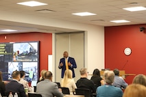 Corey Washington, Huntsville Center Utility Monitoring and Control Systems program manager, speaks with UMCS Industry Day attendees about the current state of the program and outlines priorities moving forward.