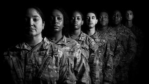 From front to back, U.S. Army Sgt. 1st Class Lorena Whitaker, Armed Forces Medical Examiner System fatality management senior non-commissioned officer, U.S. Air Force Staff Sgt. Dekeia Mays, Forensic Toxicology laboratory technician, U.S. Army Sgt. Kayla-Porsche Harley, U.S. Army Sgt. Brandon Meskus, U.S. Army Staff Sgt. David Johnson, AFMES fatality management non-commissioned officers, U.S. Army Staff Sgt. Kevin Taylor, AFMES Joint Military Working Dog Laboratory technician, and U.S. Army Spc. Noah Hughes, AFMES fatality management specialist, pose for a photo, Mar. 23 & 30, 2026, at Dover Air Force Base, Delaware. Fatality management specialists, known as “92 Mikes” are responsible for the recovery and disposition of human remains associated with the Department of War. Within AFMES, they are charged with assisting medical examiners during autopsies, transferring, cleaning, weighing, eviscerating, and documenting throughout the process, which can be up to 100 photos per autopsy, that can take hours to complete. (U.S. Air Force photo illustration by Staff Sgt. Noah D. Coger)