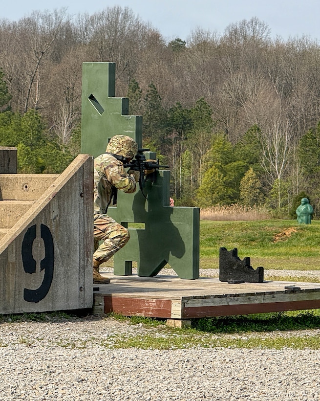 U.S. Army 2nd Lt. Collin Sissom of the 103rd Brigade Support Battalion, 38th Infantry Division Artillery, completes M4 rifle qualification at the Wendell H. Ford Regional Training Center in Greenville, March 20, 2026.
